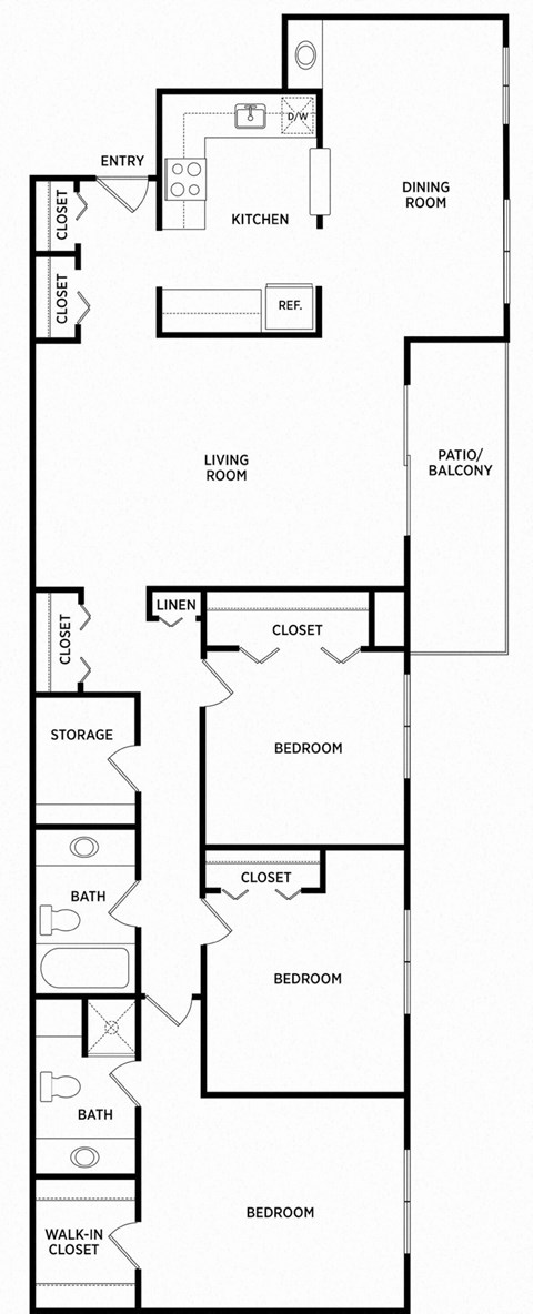 Floor plan for 3 beds, 2 baths, 1253 sqft